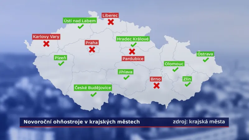 Novoroční ohňostroje v krajských městech