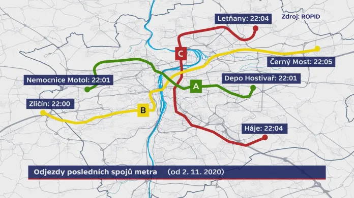 Odjezdy posledních spojů metra v Praze