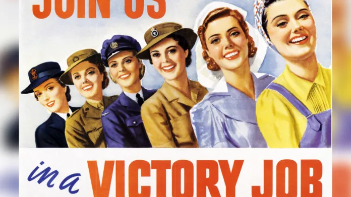 Plakát „Join us in a victory job“ od Mauricea Bramleyho z roku 1943