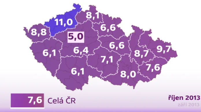 Mapa nezaměstnanosti v krajích ČR