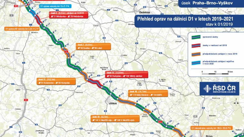 Přehled plánovaných oprav na dálnici D1 v letech 2019-2021