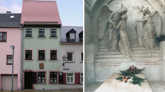 Rodným dům K. Maye v Ernstthalu (vlevo) / Hrob K. Maye v Radebeulu (vpravo)