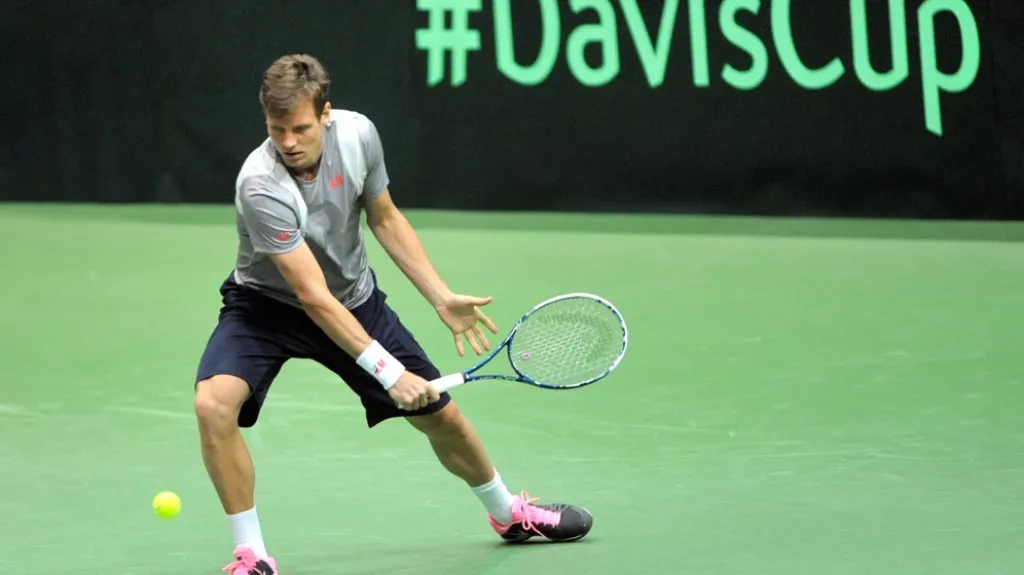 Tomáš Berdych při tréninku před utkáním s Nizozemskem