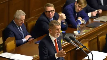 Premiér Andrej Babiš (ANO) hovoří na schůzi sněmovny svolané z opozičního podnětu k návrhu na vyslovení nedůvěry vládě