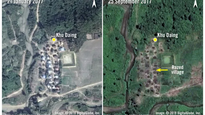 Satelitní snímky zničené vesnice v Myanmaru