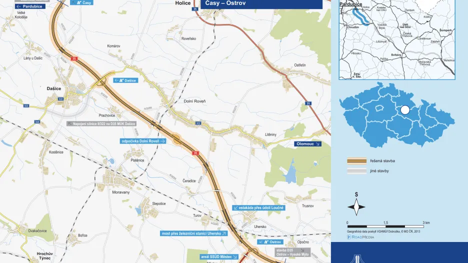 Mapa úseku dálnice D35 v úseku Časy–Ostrov