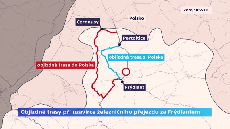 Objízdné trasy při uzavírce přejezdu za Frýdlantem