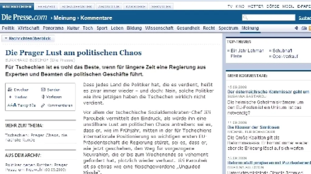 Die Presse k politickému chaosu v ČR
