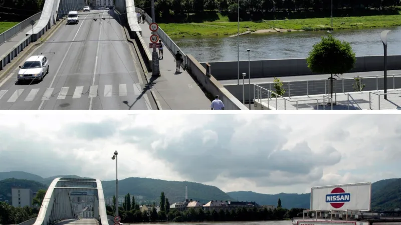 Dole je most Edvarda Beneše během povodní v roce 2002, horní snímek zachycuje rok 2012