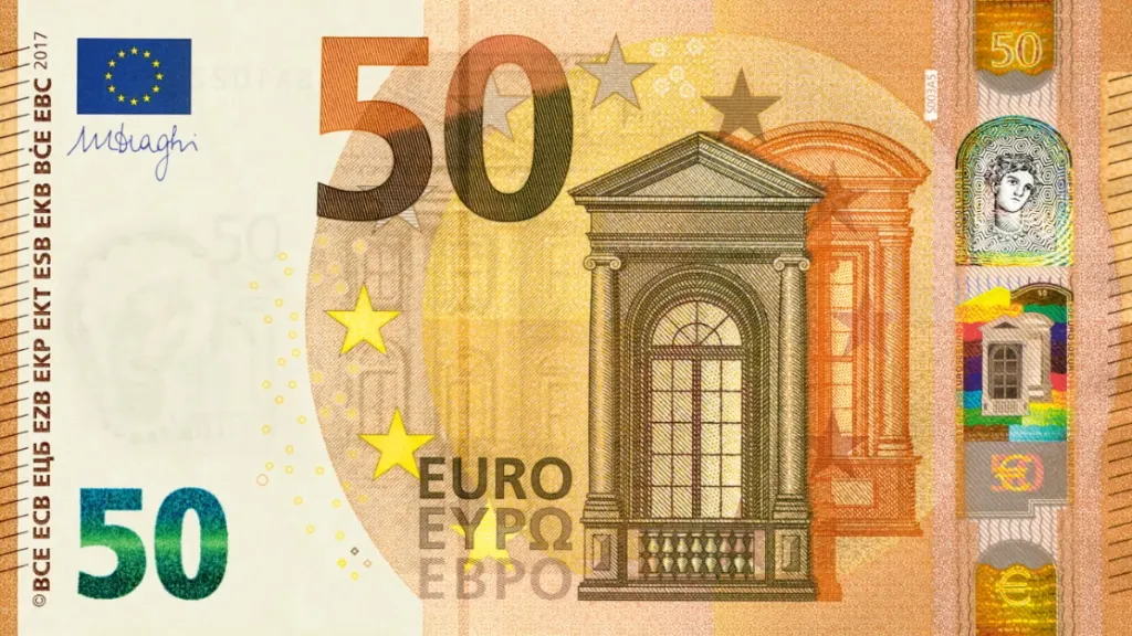 Nová bankovka 50 eur. Přední strana