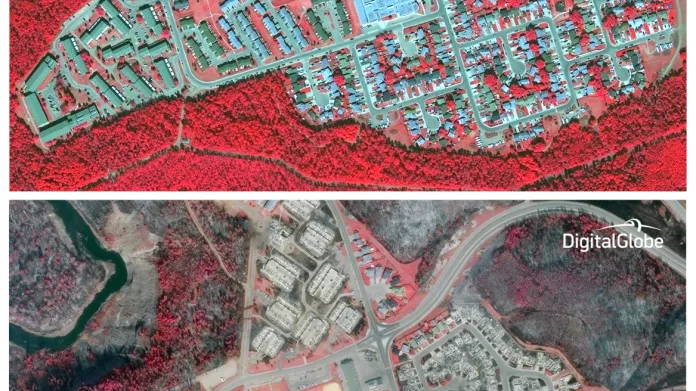 Satelitní snímek Fort McMurray. Horní obrázek byl pořízen v květnu 2015. Červená barva znázorňuje zdravé lesní plochy. Dolní snímek pořízený 5. května 2016 znázorňuje devastaci lesní krajiny.
