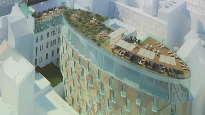 Vizualizace novostavby ve vnitrobloku za hotelem Evropa