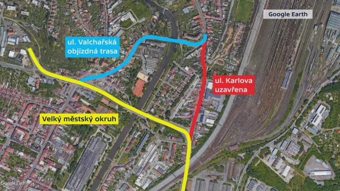 Uzavírka Karlovy ulice a objízdná trasa