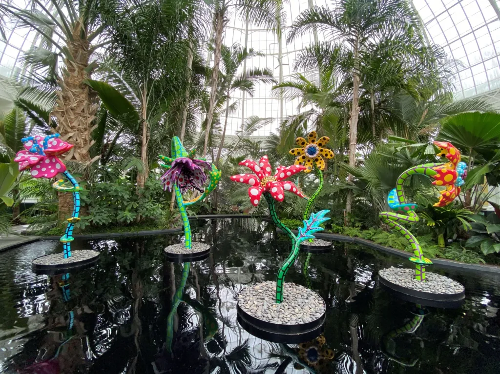 Botanická zahrada v New Yorku připravila pro své návštěvníky výstavu nazvanou KUSAMA: Kosmická příroda. Autorem fantastických soch je japonská výtvarná umělkyně Jajoi Kusamaová