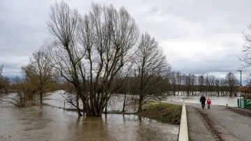 Zaplavené louky z rozvodněné řeky Orlice v Nepasicích na Královéhradecku