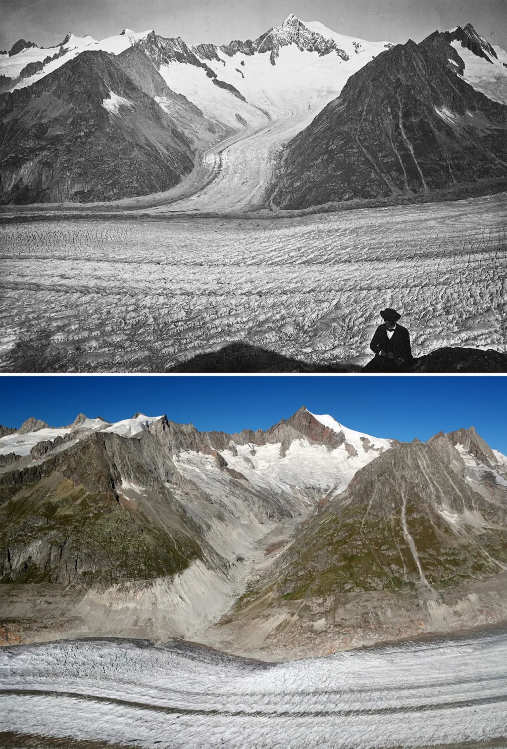 Obrázky ukazují ledovec Aletsch fotografovaný kolem roku 1877 (nahoře) a 4. září 2019 (dole). Fieschertal ve Švýcarsku