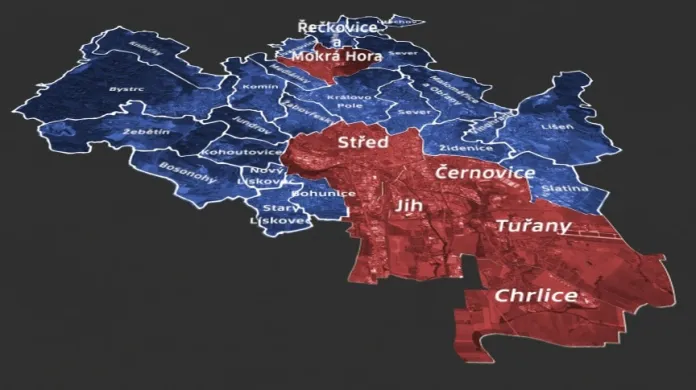 Mapa regulace hazardu (modře celoplošný zákaz; červeně výjimky)