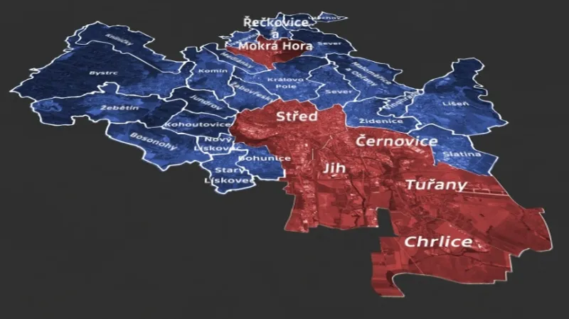 Mapa regulace hazardu (modře celoplošný zákaz; červeně výjimky)