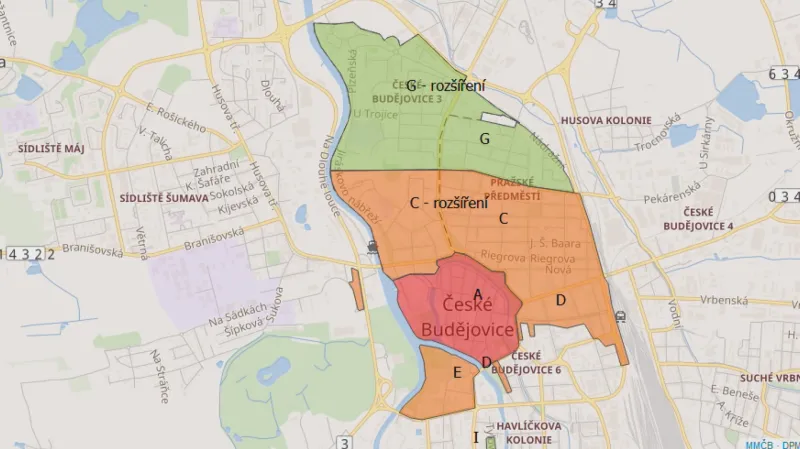 Modré zóny v Českých Budějovicích