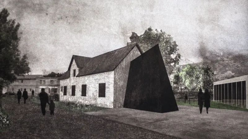 Vítězný návrh z dílny MCA atelier s.r.o: „Památník je symbolem situace, kdy do života země, rodiny a člověka zasáhla zvenčí Hrana a s ní Výzva…“