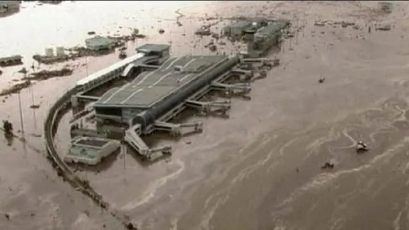 Japonské letiště Sendai obklopené vodou