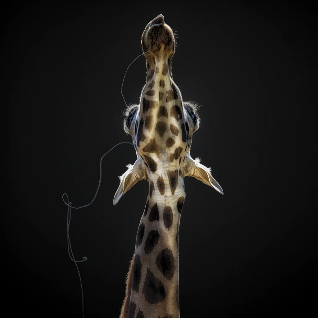Vítěz Národní ceny Peru. Portrét slinící žirafy.