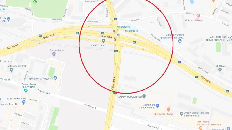 Uzavírka Černovické a Olomoucké ulice v Brně