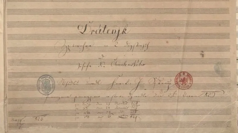 Partitura k opeře Dráteník z roku 1825 psaná rukou Františka Škroupa