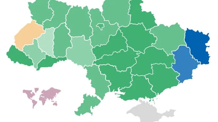 Výsledky parlamentních voleb v ukrajinských regionech po sečtení 90 procent hlasů. Zeleně vítězství Sluhy lidu (čím tmavší, tím jasnější), modře Opoziční platformy, žlutě Hlasu a červeně Evropské solidarity. Šedou je označen okupovaný Krym