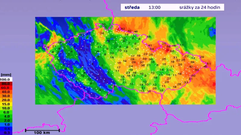 Srážkové úhrny za 24 hodin (ke středečnímu odpoledni)