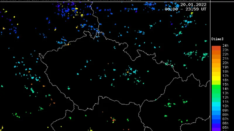 Výskyt blesků nad Českem ve čtvrtek 20. ledna 2022