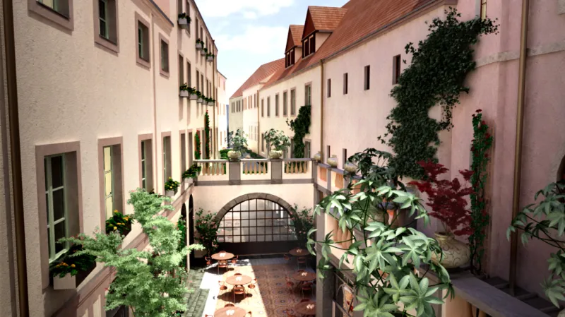 Vizualizace hotelu na místě historického domu U Sixtů