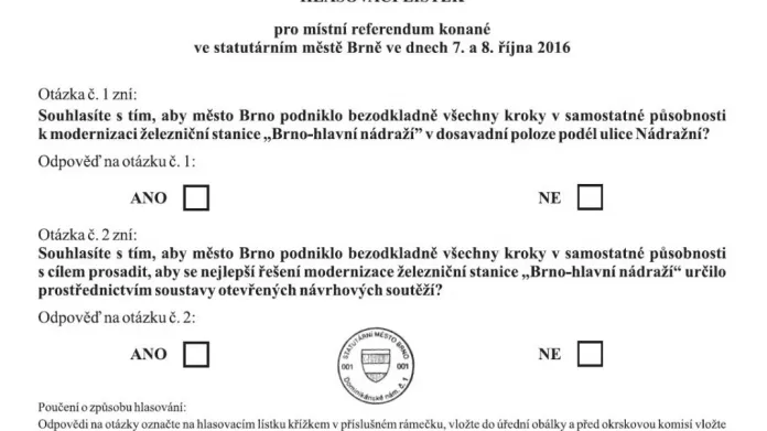 Hlasovací lístek pro místní referendum v Brně
