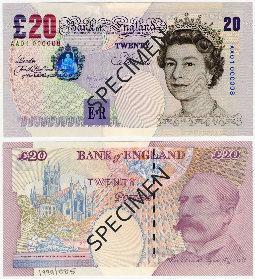 Bankovka série E s královnou Alžbětou II. a Edwarden Elgarem v hodnotě dvacet liber (v oběhu od 22. 6. 1999 do 30. 6. 2010)