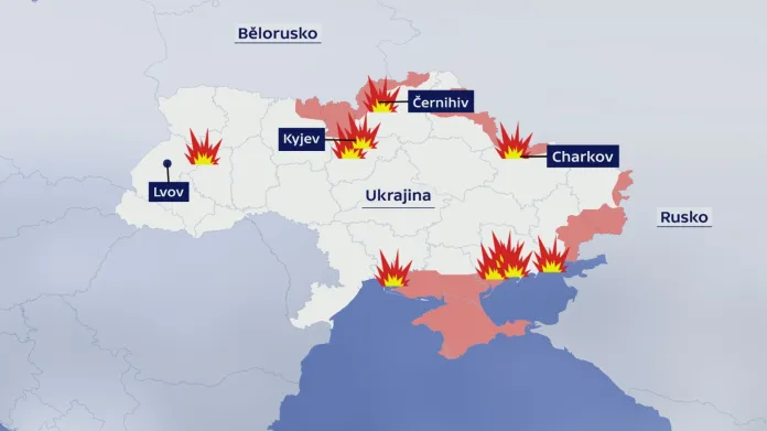 Mapa bojů na Ukrajině (26. února)