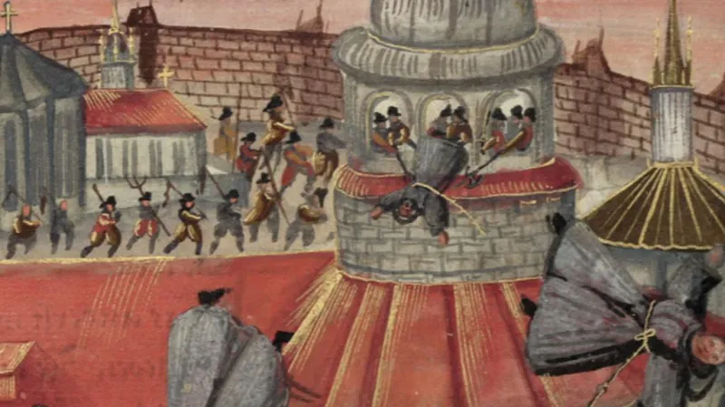 Dobová malba zabití františkánů a obrany před Pasovskými