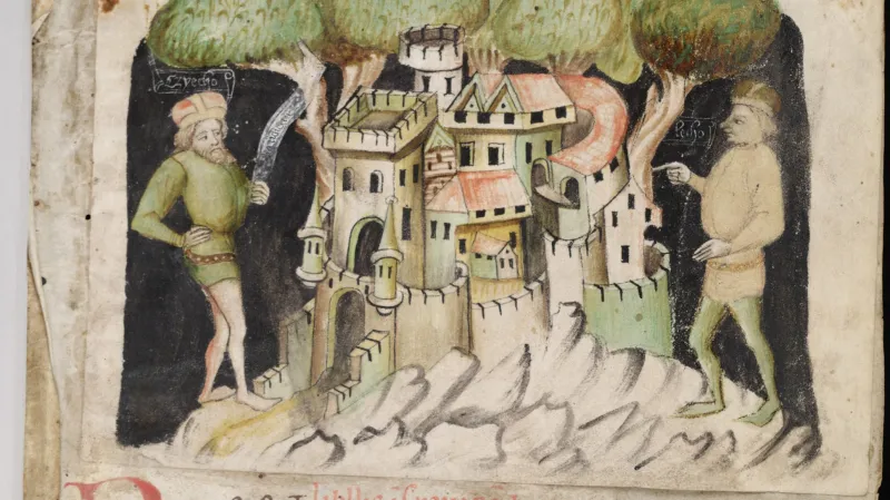 Vyobrazení Pražského hradu, praotce Čecha a Lecha v Budyšínském rukopisu Kosmovy kroniky