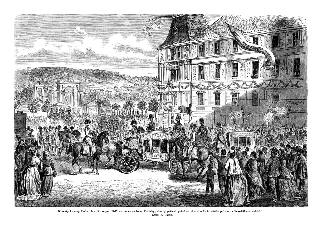 Klenoty koruny České dne 29. srpna 1867 vezou se na hrad Pražský; slavný průvod právě se obrací u Lažanského paláce na Františkově nábřeží.