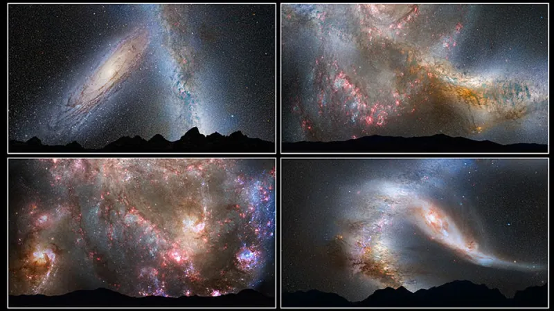 Vizualizace srážky Mléčné dráhy a Andromedy při pohledu ze Země