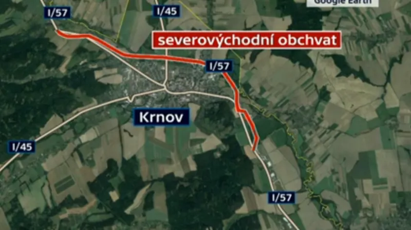 Mapa plánovaného obchvatu Krnova