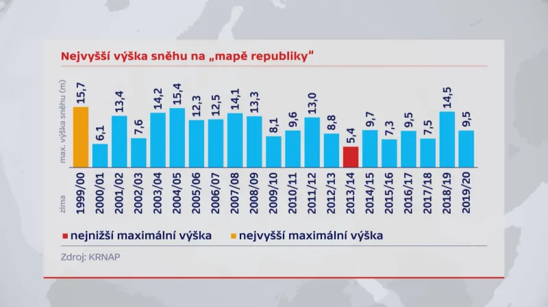 Výška sněhu na mapě republiky
