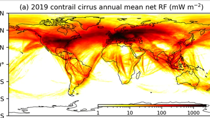 Odhad oteplujícího efektu cirů vzniklých z kondenzačních pruhů za rok 2019 v miliwattech na metr čtvereční