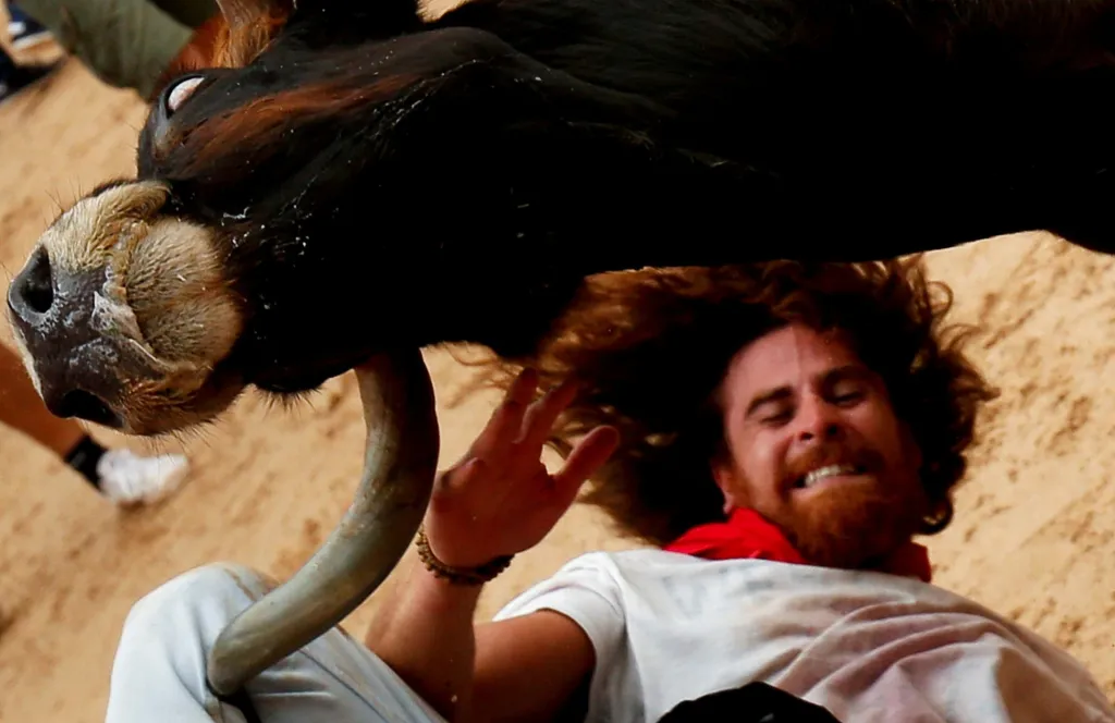Jeden z účastníků běhu býků na festivale San Fermin ve španělské Pamploně je odhozen býkem