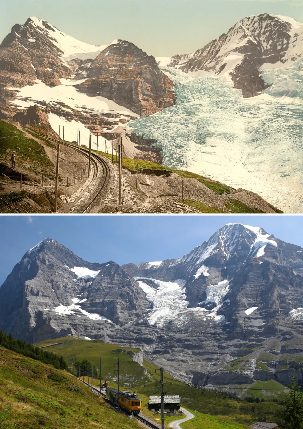 Ledovce Eiger, Guggi a Giesen fotografované kousek od Jungfrau v letech 1890 až 1900 (nahoře) již na současném snímku téměř zmizely. Bernské Alpy