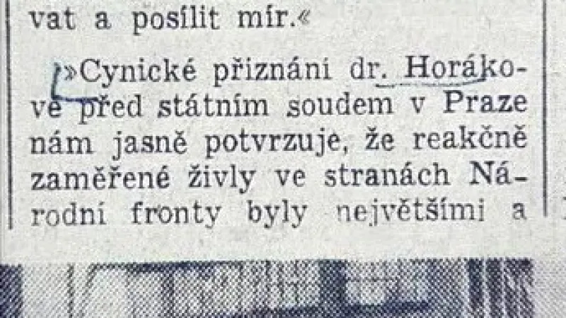 Novinový článek k procesu s Miladou Horákovou