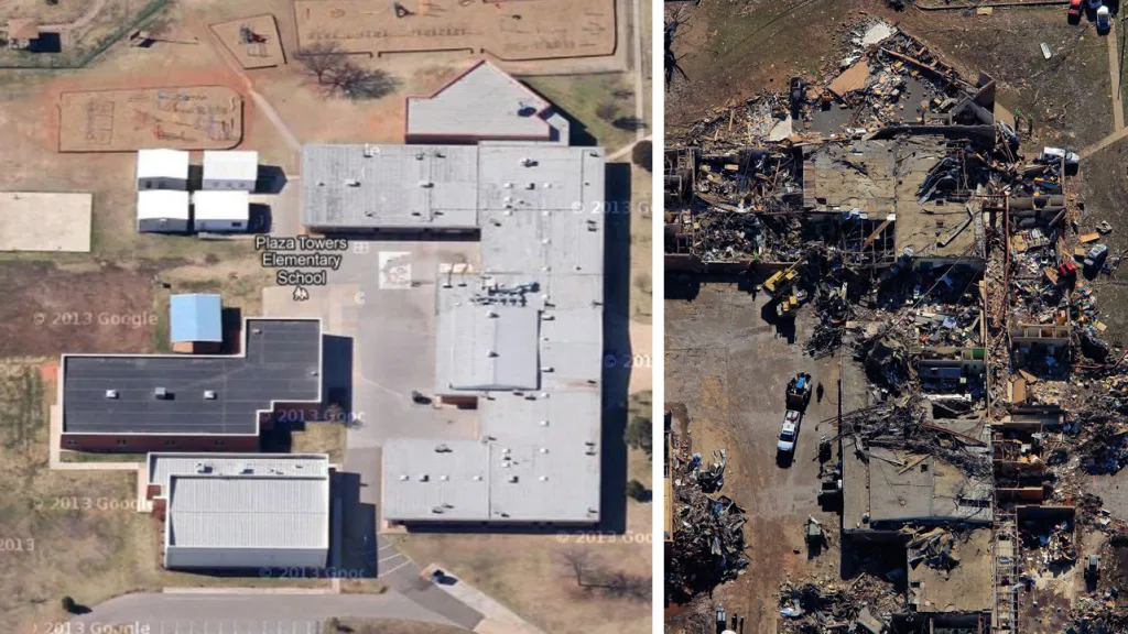 Základní škola Plaza Towers před tornádem a po něm