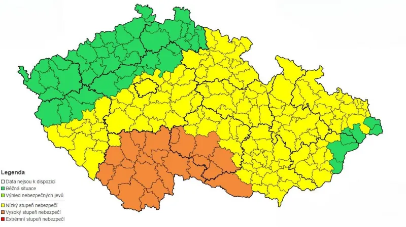 Aktualizovaná výstraha ČHMÚ před bouřkami (vydaná 22. července dopoledne)