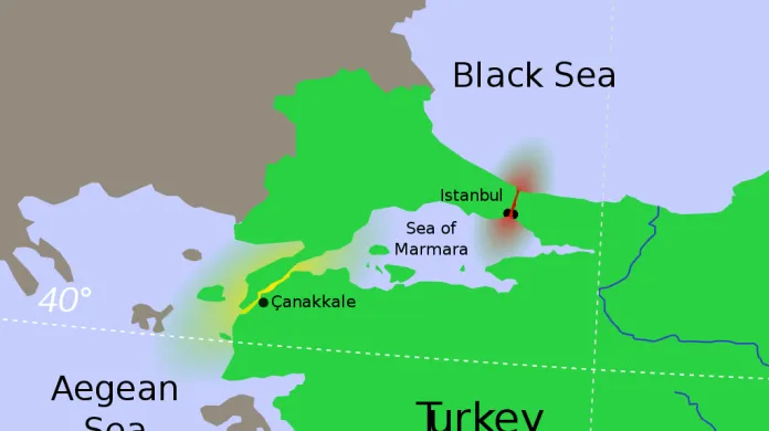 Bospor (červeně) a Dardanely (žlutě)