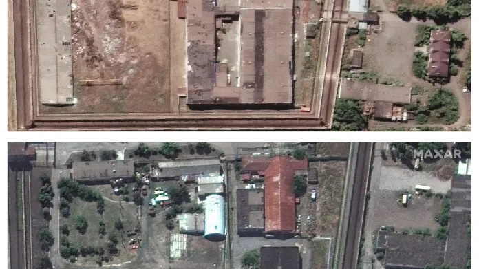 Satelitní snímky věznice v Olenivce před výbuchem (nahoře) a po výbuchu (dole)