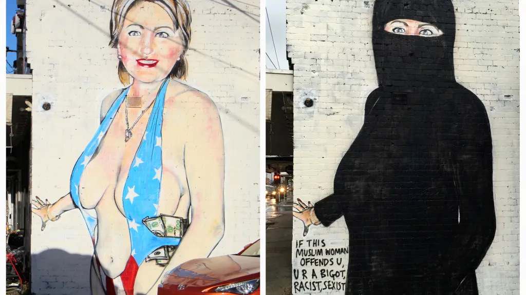 Pouliční umělec udělal z obnažené Clintonové muslimskou ženu